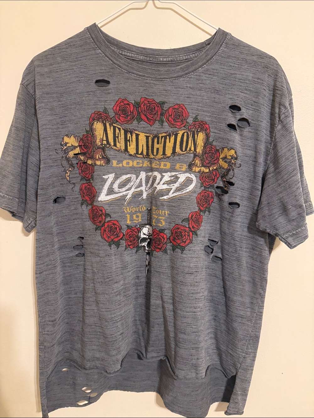 Affliction Gray Graphic 'Loaded' Tee with Red Rose Motif